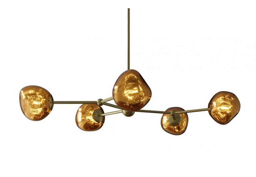 Glamour asymetrický závesný luster Kalan so zlatou kovovou konštrukciou a piatimi sklenenými tienidlami v tvare organických medových kvapiek