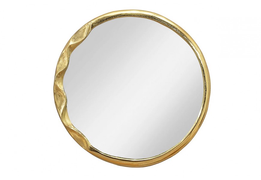 Glamour závesné okrúhle zrkadlo Auri a zlatým kovovým rámom s plastickým vlnitým reliéfom na jednej strane
