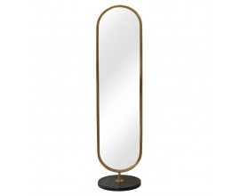 Art deco šatníkové stojace oválne zrkadlo Auri so zlatým kovovým rámom a čiernou okrúhlou podstavou 172 cm