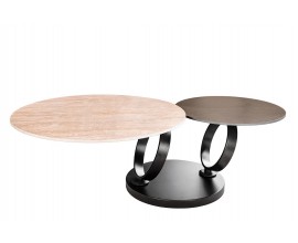 Moderný konferenčný stolík Delin s otočnými okrúhlymi doskami z keramických  a kovu s hrdzavým dizajnom na čiernej podstave s otočnými okrúhlymi nožičkami