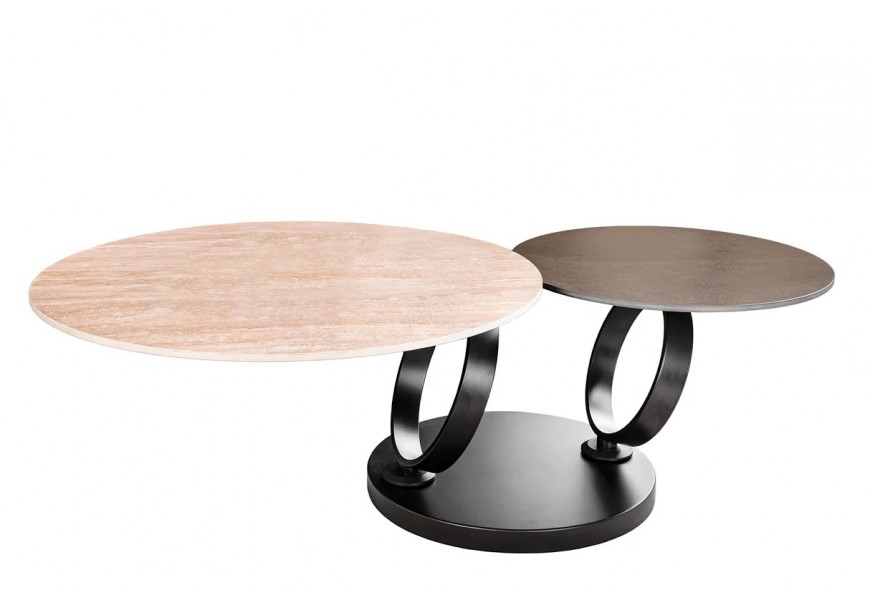 Moderný konferenčný stolík Delin s otočnými okrúhlymi doskami z keramických  a kovu s hrdzavým dizajnom na čiernej podstave s otočnými okrúhlymi nožičkami