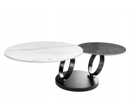 Moderný mramorový konferenčný stolík Delin s otočnými keramickými doskami v bielej a čiernej mramorovej úprave na čiernej okrúhlej podstave