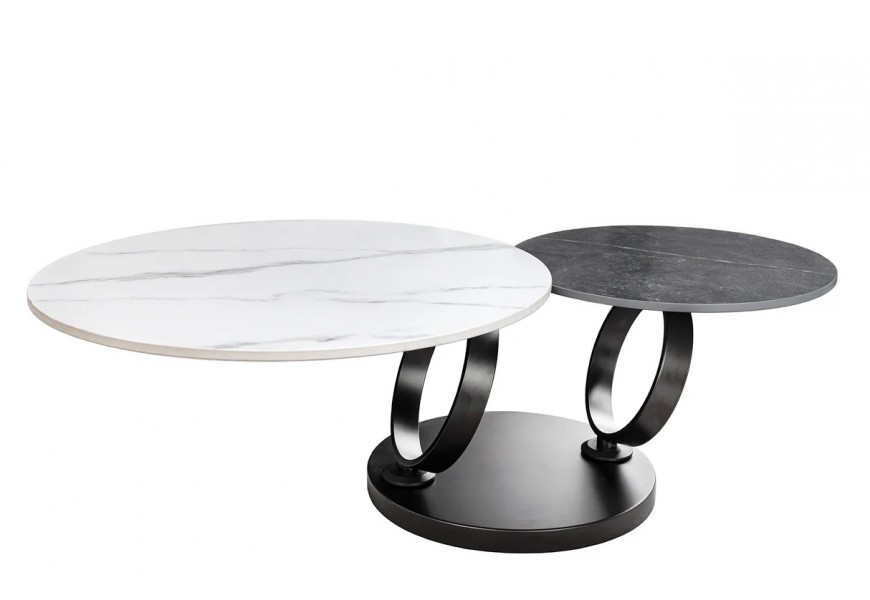 Moderný mramorový konferenčný stolík Delin s otočnými keramickými doskami v bielej a čiernej mramorovej úprave na čiernej okrúhlej podstave