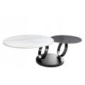 Moderný mramorový konferenčný stolík Delin s otočnými keramickými doskami v bielej a čiernej mramorovej úprave na čiernej okrúhlej podstave