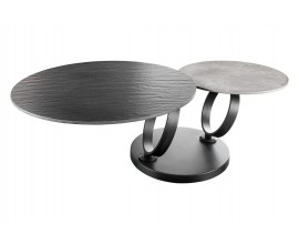 Dizajnový otočný konferenčný stolík Delin s okrúhlymi doskami z čierneho a sivého kameňa s okrúhlymi kovovými nožičkami v čiernej farbe