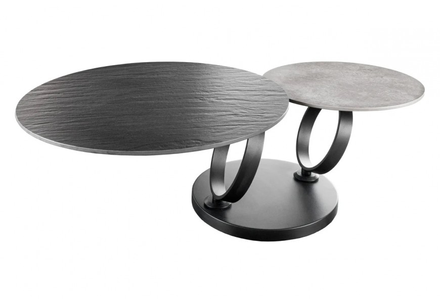 Dizajnový otočný konferenčný stolík Delin s okrúhlymi doskami z čierneho a sivého kameňa s okrúhlymi kovovými nožičkami v čiernej farbe