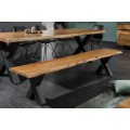Industriálna obdĺžniková lavica Mammut z lakovaného akáciového dreva s čiernymi kovovými nožičkami v tvare X 160 cm