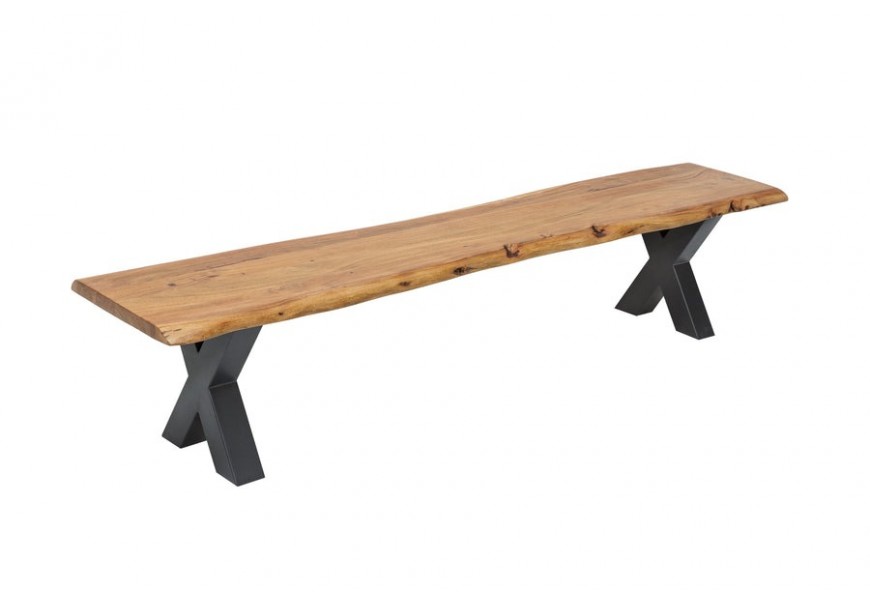 Industriálna obdĺžniková lavica Mammut z lakovaného akáciového dreva s čiernymi kovovými nožičkami v tvare X 160 cm