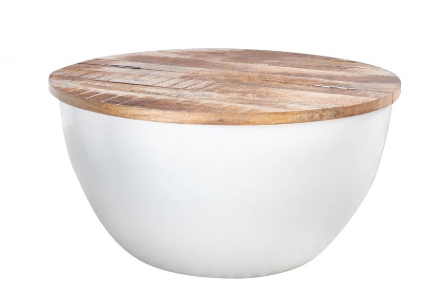 Industriálny konferenčný stolík Spazio s hnedou mangovou drevenou výklopnou doskou s patinou a bielou kovovou polguľovou podstavou s úložným priestorom