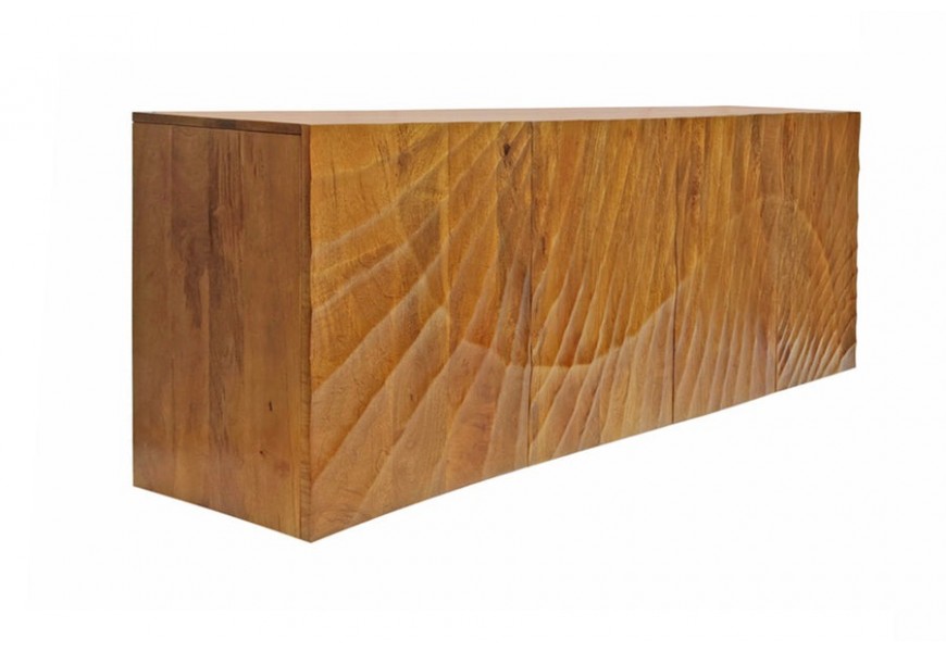 Art deco príborník Cumbria z masívneho mangového dreva s reliéfom v tvare lúčov a polkruhu na štyroch dvierkach s prirodzenou kresbou