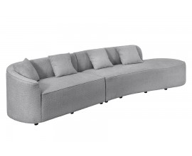 Moderná sivá zaoblená päťmiestna sedačka Jina s bouclé poťahom a vankúšmi so štvorcovým tvarom 330 cm