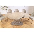Moderný rozkladací oválny jedálenský stôl Lutz v šampanskej béžovej farbe s kovovou podstavou s travertínovým dizajnom 190 cm