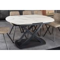 Moderný biely oválny keramický rozkladací jedálenský stôl Lutz s mramorovým vzhľadom a čiernou kovovou podstavou 190 cm