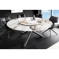 Dizajnový biely mramorový okrúhly jedálenský stôl Siam s otočnou doskou a s čiernymi prekríženými nohami 150 cm
