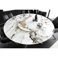 Dizajnový biely mramorový okrúhly jedálenský stôl Siam s otočnou doskou a s čiernymi prekríženými nohami 150 cm