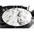 Dizajnový biely mramorový okrúhly jedálenský stôl Siam s otočnou doskou a s čiernymi prekríženými nohami 150 cm