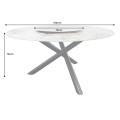 Dizajnový biely mramorový okrúhly jedálenský stôl Siam s otočnou doskou a s čiernymi prekríženými nohami 150 cm