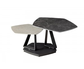 Dizajnový moderný konferenčný stolík Delin s dvomi otočnými päťuholníkovými doskami v tmavosivej a sivej farbe s mramorovým vzhľadom na čiernej kovovej podstave