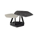 Dizajnový moderný konferenčný stolík Delin s dvomi otočnými päťuholníkovými doskami v tmavosivej a sivej farbe s mramorovým vzhľadom na čiernej kovovej podstave