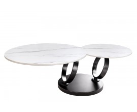 Glamour otočný mramorový konferenčný stolík Delin s dvomi okrúhlymi doskami z keramiky s dvojúrovňovou výškou s bielym mramorovým vzorom s čiernymi matnými otočnými prstencovými nožičkami s okrúhlou podstavou z kovu