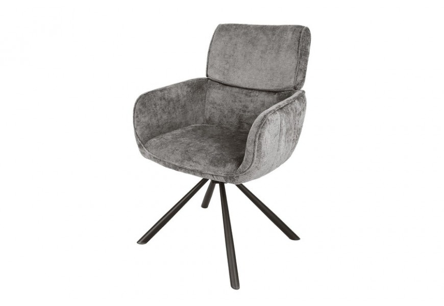 Dizajnové otočné moderné jedálenské kreslo Chenill so ženilkovým poťahom v sivej farbe so štruktúrovaným povrchom s opierkami na ruky so štyrmi kovovými nožičkami v matnej čiernej farbe
