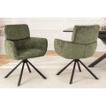 Moderné zelené otočné jedálenské kreslo Chenill zaoblených tvarov s ženilkovým poťahom s čiernymi kovovými nožičkami 84 cm