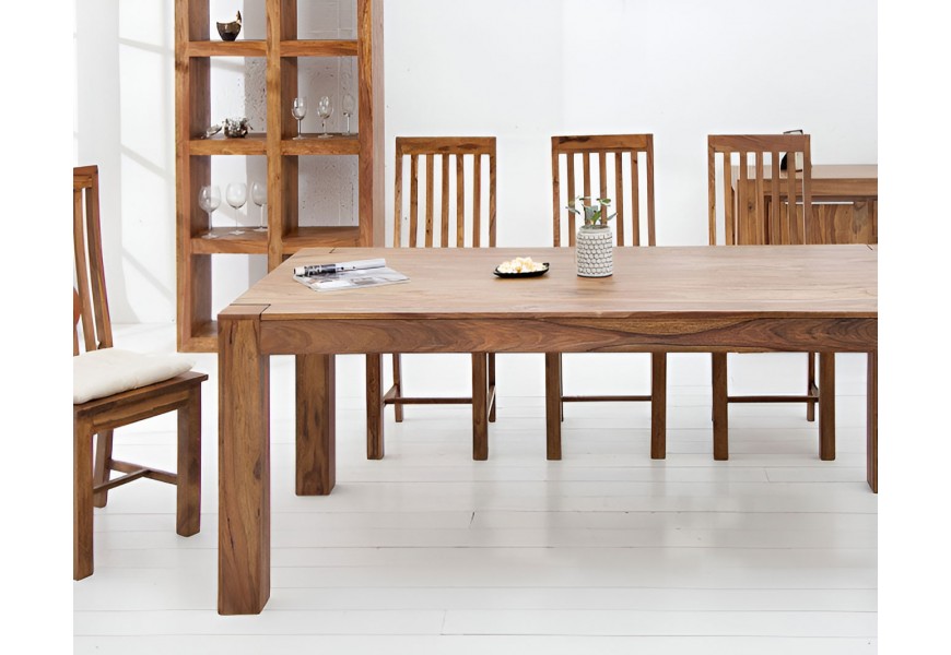 Masívna jedálenská zostava Makassar zo sheeshamového dreva v teplej hnedej farbe s obdĺžnikovým stolom so stoličkami a lavicou s úložnými priestormi