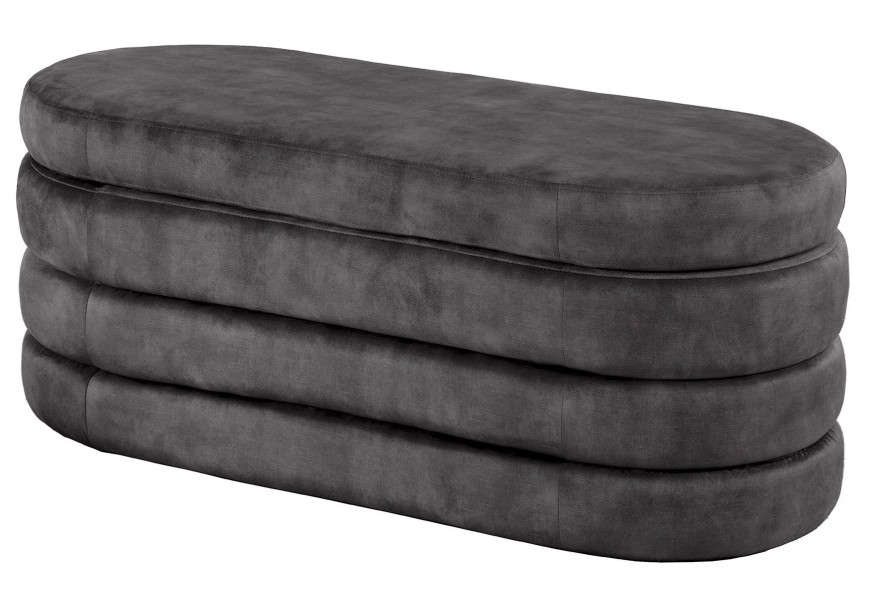 Moderná čierna zamatová lavica Eliana s oválnym tvarom vrstveným dizajnom a praktickým úložným priestorom pod poklopom