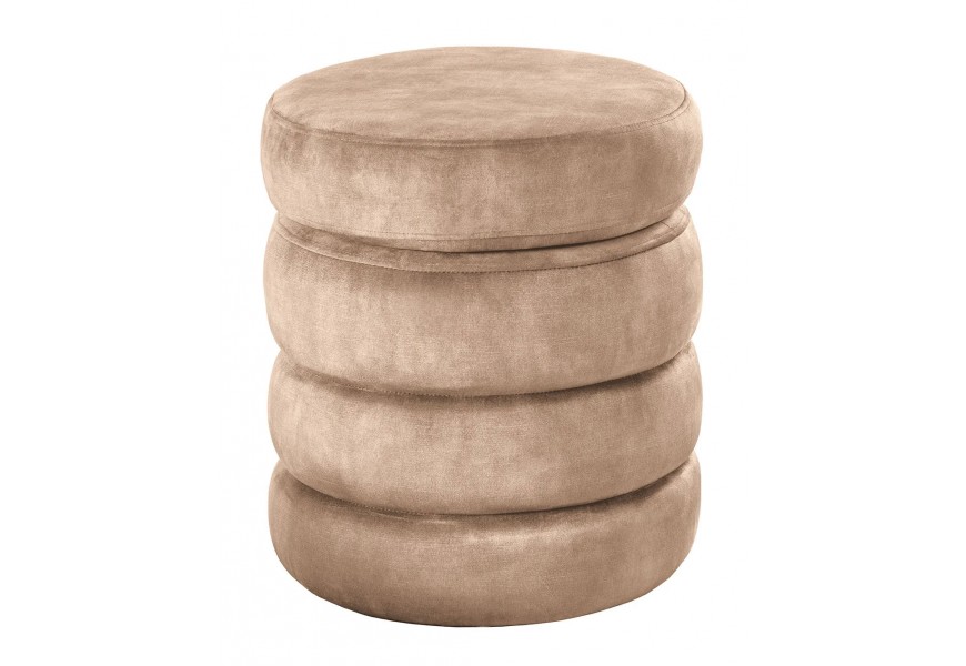 Moderná okrúhla taburetka Eliana so šampanským zamatovým poťahom s originálnym vrstveným tvarom a skrytým úložným priestorom pod sedadlom