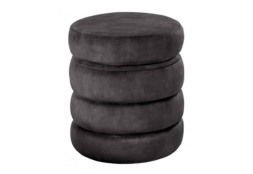 Moderná sivá okrúhla taburetka Eliana s vrstveným dizajnom a úložným priestorom v zamatovom prevedení 49 cm