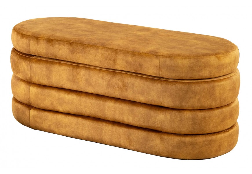 Moderná dvojmiestna lavica Eliana s oblým tvarom čalúnenej konštrukcie v horčicovo žltej farbe s dekorom vrstiev a praktickým vnútorným úložným priestorom