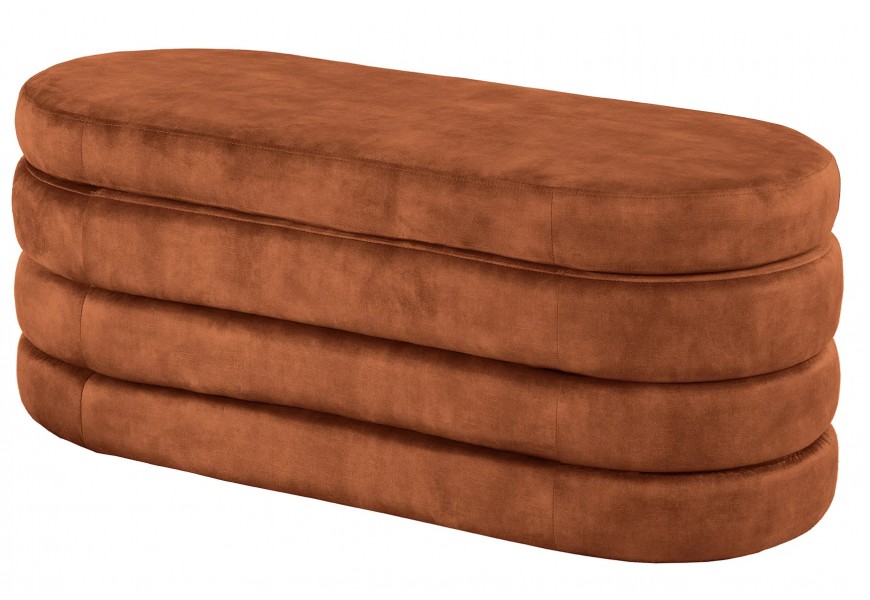 Moderná dvojmiestna oválna zamatová hnedá lavica Eliana s úložným priestorom 113 cm