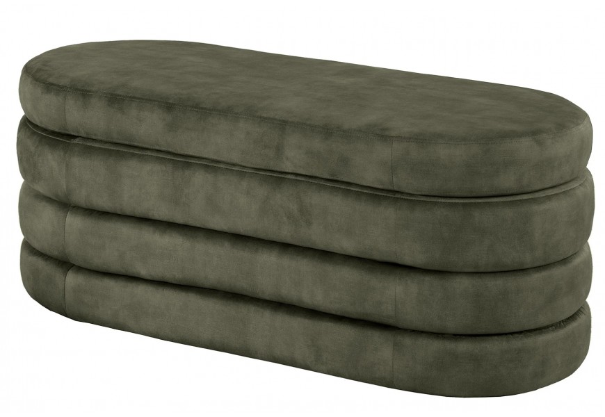 Dizajnová zelená kaki lavica Eliana s oválnym tvarom a čiernym vnútrom v štruktúre štyroch zamatových vrstiev s výklopným sedadlom