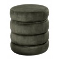 Dizajnová moderná zelená taburetka Eliana v kaki odtieni okrúhleho tvaru s odnímateľným vekom s úložným priestorom a penovým čalúnením prešívaným do štyroch horizontálnych pásov