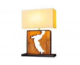 Koloniálna štvorcová stolná lampa Arbaro z hnedého suarového dreva s organickým výrezom s bielym tienidlom 58 cm