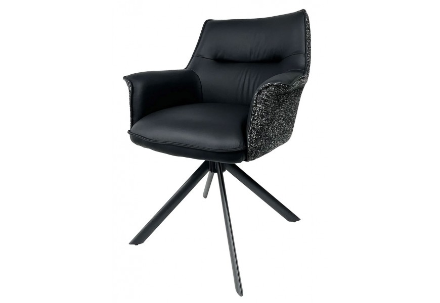 Moderná čierna otočná kožená jedálenská stolička s opierkami na ruky s predĺženou chrbtovou opierkou s textílnym poťahom na zadnej strane v sivo-čiernej farbe s dekoratívnym lemovaním so štyrmi vyosenými nožičkami z kovu v čiernej farbe