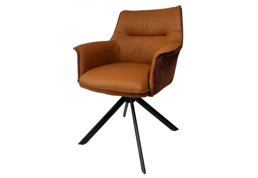 Dizajnová moderná kožená hnedá jedálenská stolička Corvin s textilným poťahom s dekoratívnym prešívaním s opierkami na ruky s predĺženou chrbtovou opierkou s kovovými čiernymi vyosenými nožičkami