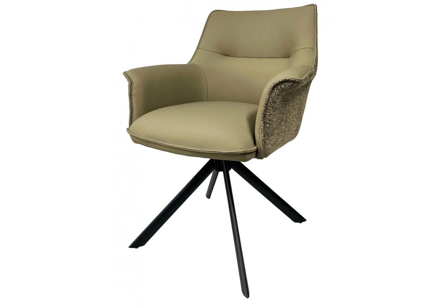 Dizajnové moderné otočné zelené kreslo z prírodnej kože s textilným poťahom s predĺženou chrbtovou opierkou s opierkami na ruky s dekoratívnym prešívaním so štyrmi štíhlymi vyosenými nožičkami v matnej čiernej farbe