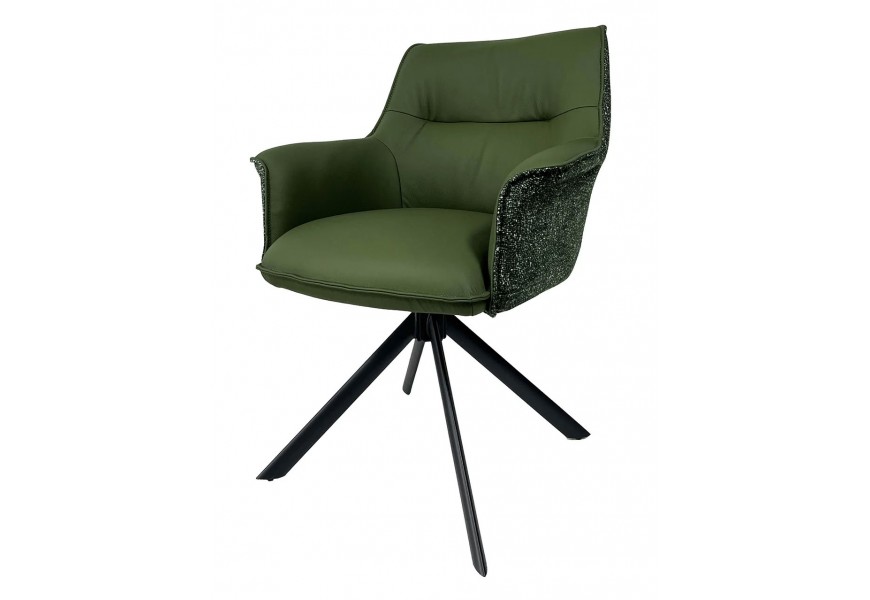 Dizajnová moderná tmavozelená kožená otočká stolička Corvin s opierkami na ruky s predĺženou chrbtovou opierkou s textilným poťahom s dekoratívnym prešívaním s kovovými čiernymi nožičkami
