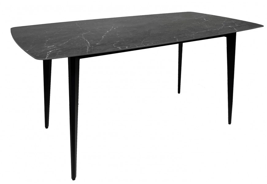 Dizajnový moderný čierny mramorový jedálenský stôl Tazer z keramiky s obdĺžnikovou doskou s keramiky so zaoblenými hranami so štíhlymi kovovými nožičkami