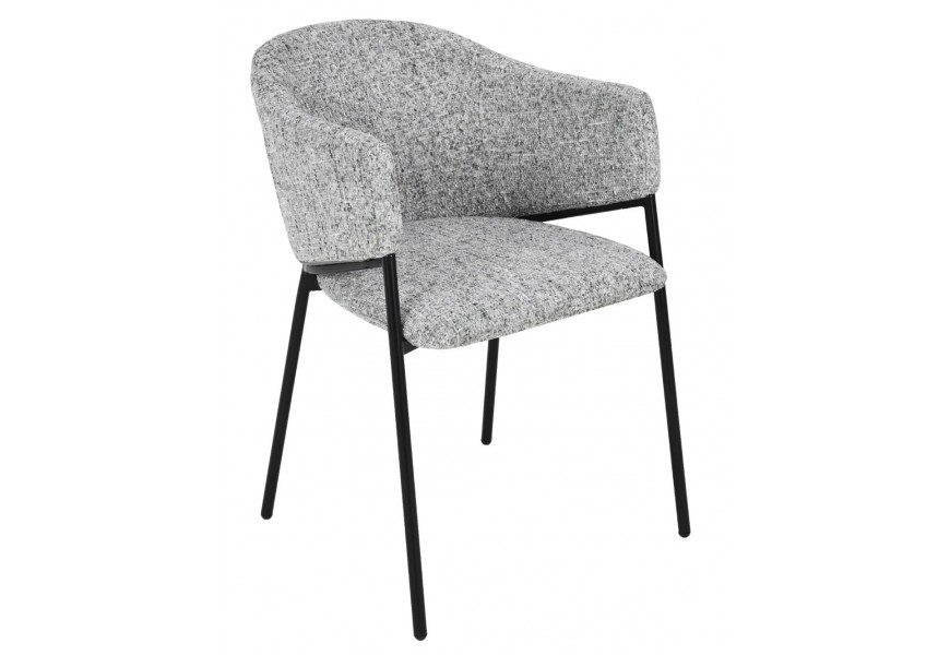Moderné industriálne jedálenské kreslo Sionna so zaoblenou chrbtovou opierkou a bočnými opierkami s poťahom z mikrovlákna v melírovanej sivej farbe s kovovými štíhlymi nožičkami v čiernom matnom prevedení