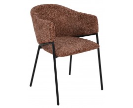 Dizajnové hnedé jedálenské kreslo Sionna so zaoblenou chrbtovou opierkou a opierkami na ruky s poťahom z mikrovlákna v melirovanom hnedom prevedení a čiernou matnou kovovou konštrukciou
