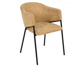 Moderná horčicovo žltá čalúnená jedálenská stolička Sionna s opierkami na ruky s textilným poťahom s výrazným tkaním a melírovaným vzorom s dizajnovou kovovou konštrukciou v matnej čiernej farbe so štyrmi štíhlymi nohami