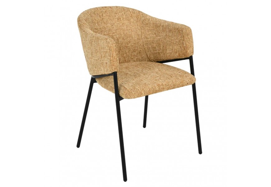 Moderná horčicovo žltá čalúnená jedálenská stolička Sionna s opierkami na ruky s textilným poťahom s výrazným tkaním a melírovaným vzorom s dizajnovou kovovou konštrukciou v matnej čiernej farbe so štyrmi štíhlymi nohami