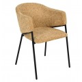 Moderná horčicovo žltá čalúnená jedálenská stolička Sionna s opierkami na ruky s textilným poťahom s výrazným tkaním a melírovaným vzorom s dizajnovou kovovou konštrukciou v matnej čiernej farbe so štyrmi štíhlymi nohami