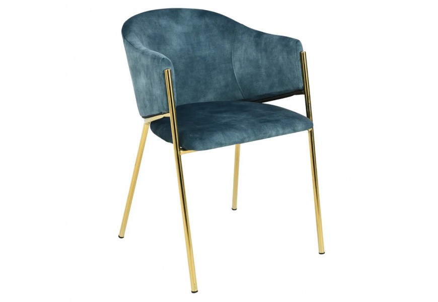 Moderné glamour jedálenské kreslo Sionna so zaoblenou chrbtovou opierkou a opierkami na ruky s čalúnením a zamatovým poťahom v petrolejovej modrej farbe s tenkými kovovými nohami v zlatej farbe