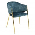 Moderné glamour jedálenské kreslo Sionna so zaoblenou chrbtovou opierkou a opierkami na ruky s čalúnením a zamatovým poťahom v petrolejovej modrej farbe s tenkými kovovými nohami v zlatej farbe