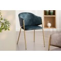 Dizajnová art deco jedálenská stolička Sionna s petrolejovo modrým zamatovým poťahom a zlatými kovovými nožičkami 77 cm