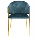 Dizajnová art deco jedálenská stolička Sionna s petrolejovo modrým zamatovým poťahom a zlatými kovovými nožičkami 77 cm
