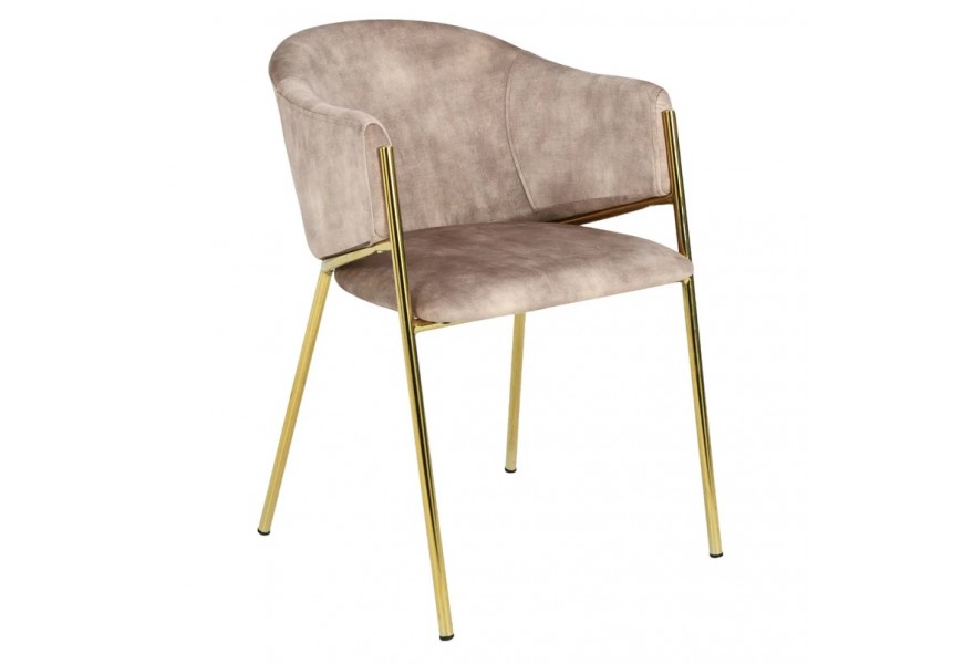 Dizajnová glamour čalúnená jedálenská stolička Sionna s opierkami na ruky a béžovým poťahom zo zamatu so šikmými nožičkami z kovu s lesklou zlatou povrchovou úpravou
